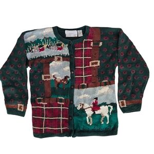 Vtg Portraits By Northern Isles Handknit Thick Cardigan Sweater Equestrian Small